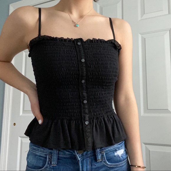 Abercrombie Black Ruched Button Up Ruffle Tank - Picture 2 of 7